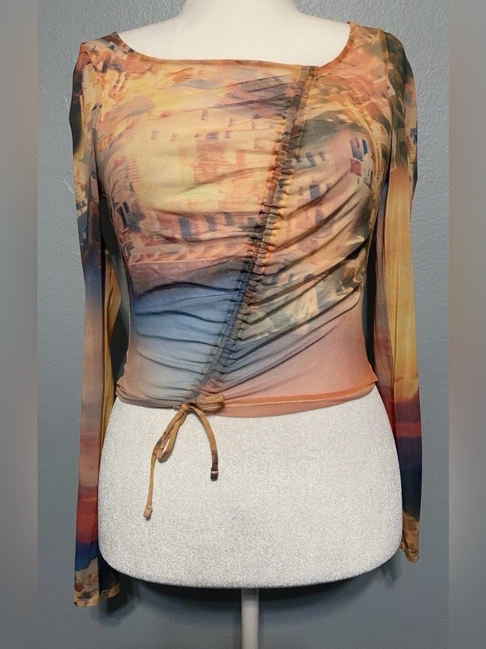 Urban Outfitters Mesh Top Ruched Asymmetrical Sunset Print Shona Fairy Medium - Picture 2 of 7